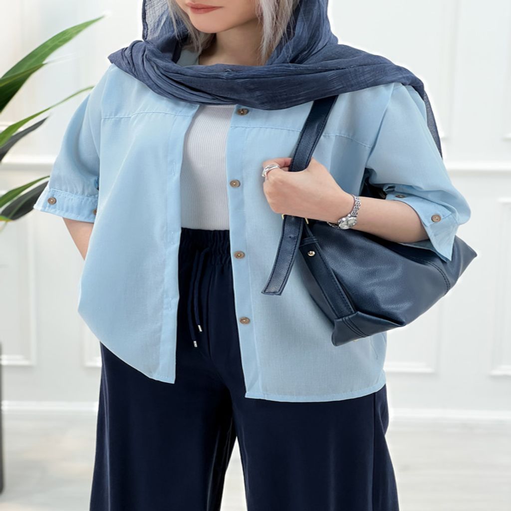 خرید اینترنتی قیمت شومیز مانتویی لینن مینا - آبی2