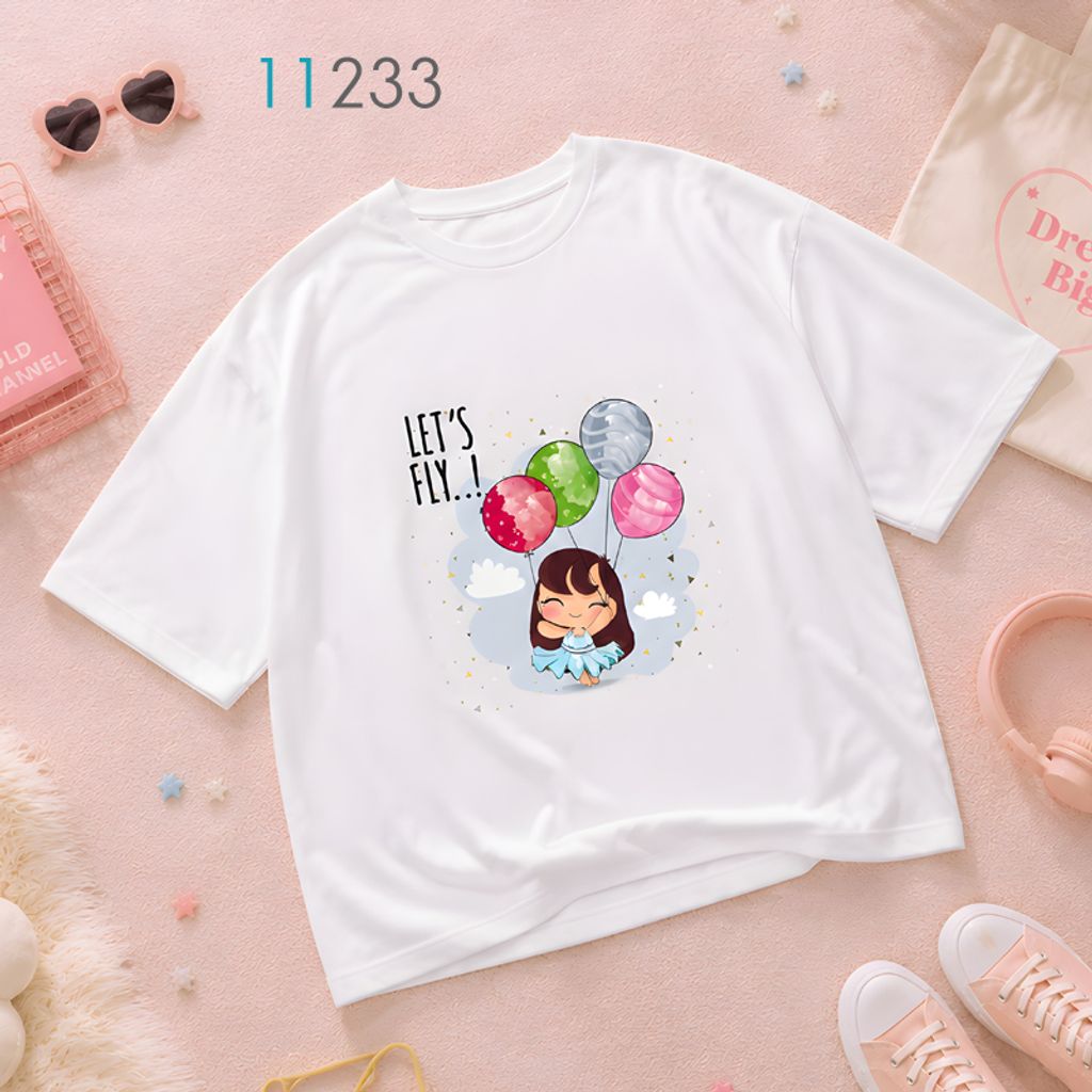 خرید اینترنتی قیمت تیشرت زنانه فیت آزاد سفید طرح دختر و بادکنک LET'S FLY