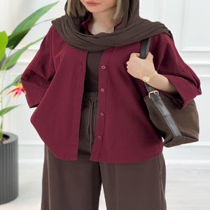 شومیز مانتویی آستین پاکتی زنانه - زرشکی