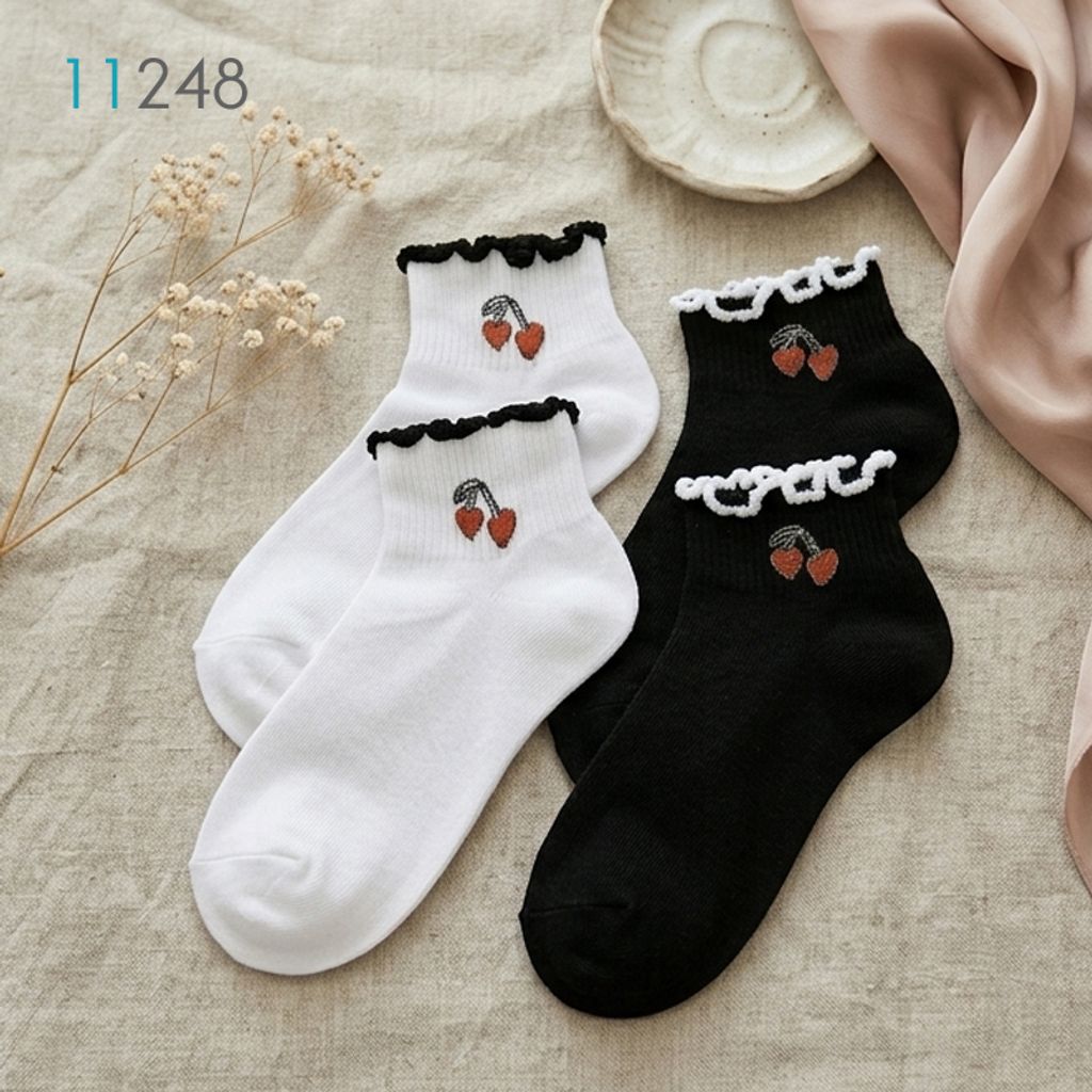خرید اینترنتی قیمت پک 2 جفتی جوراب مچی زنانه طرح گیلاسی فانتزی