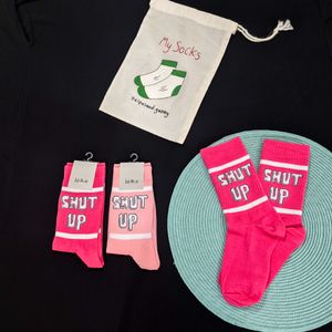 خرید اینترنتی جوراب ساقدار زنانه رنگی طرح shut up