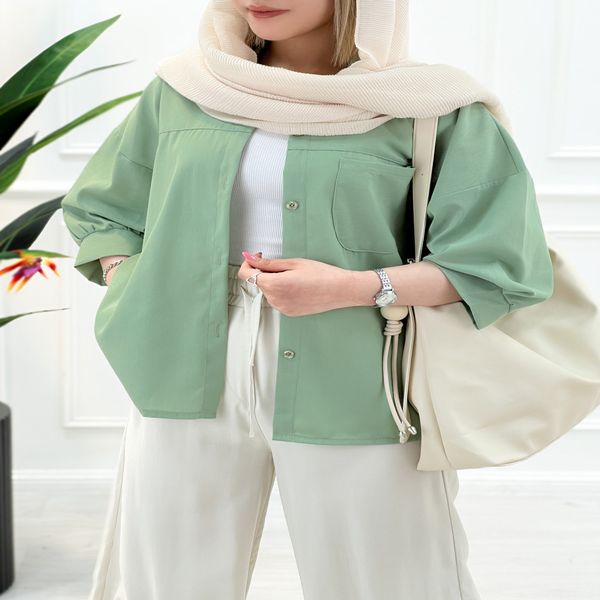 شومیز مانتویی لینن ژاله - سبز