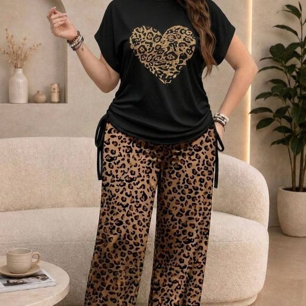 ست تیشرت و شلوار زنانه پلنگی قلب