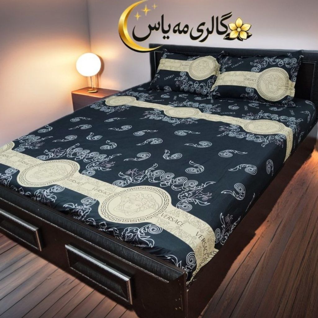 خرید آنلاین روتختی نیم ست,ملحفه کشدار 3تیکه طرح ورساچه مشکی