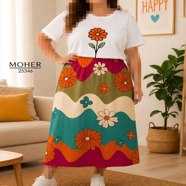 ست تیشرت و دامن سایز بزرگ طرح گلدار موجی