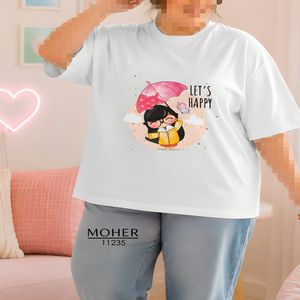 خرید اینترنتی قیمت تیشرت باکسی سایز بزرگ طرح دختر Let’s Happy