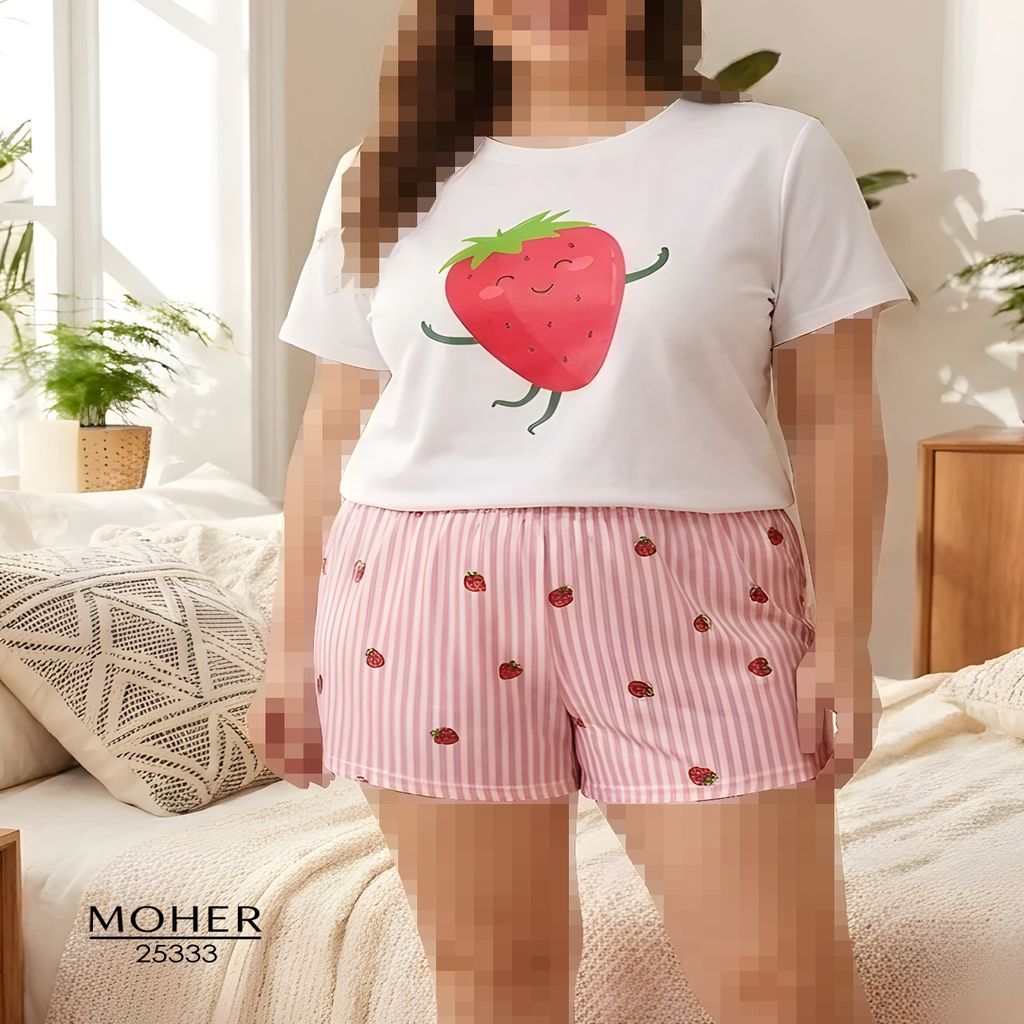 خرید اینترنتی قیمت ست تیشرت و شورت سایز بزرگ طرح توت‌فرنگی