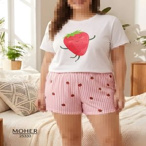 خرید اینترنتی قیمت ست تیشرت و شورت سایز بزرگ طرح توت‌فرنگی