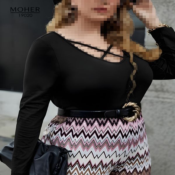 بادی زنانه سایز بزرگ مشکی با یقه ضربدری