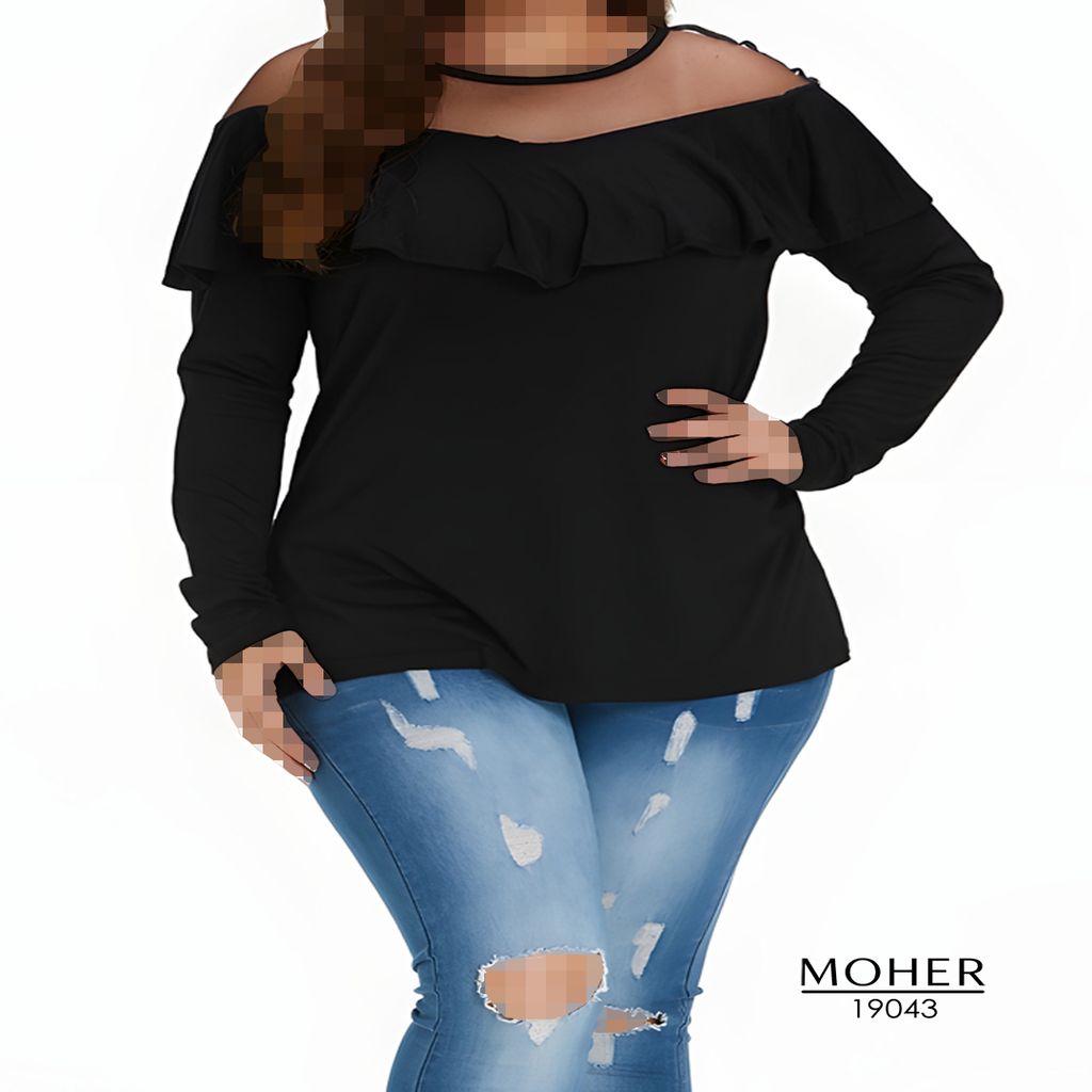 خرید اینترنتی قیمت بلوز زنانه سایز بزرگ مشکی یقه باز با تور و والان