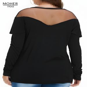 بلوز زنانه سایز بزرگ مشکی یقه باز با تور و والان