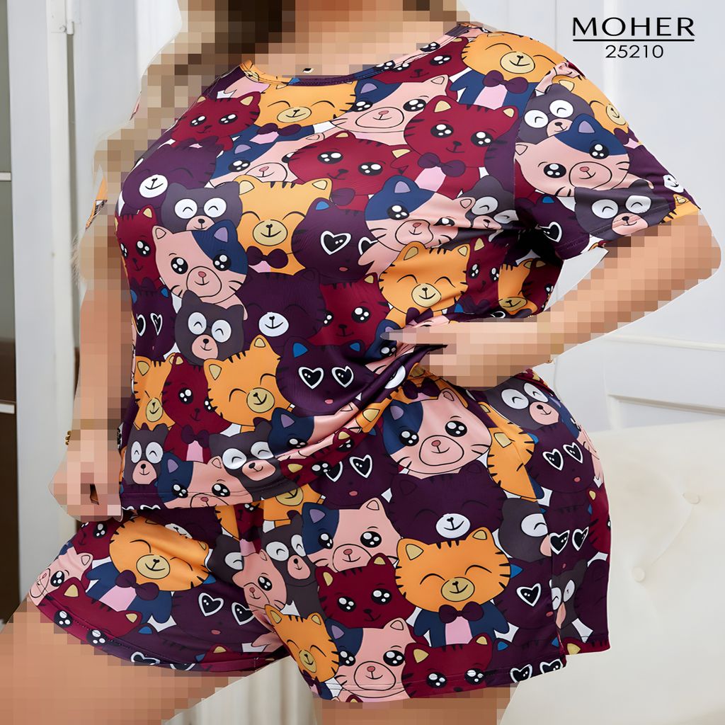 خرید اینترنتی قیمت ست تیشرت و شورت زنانه سایز بزرگ با طرح گربه‌های فانتزی
