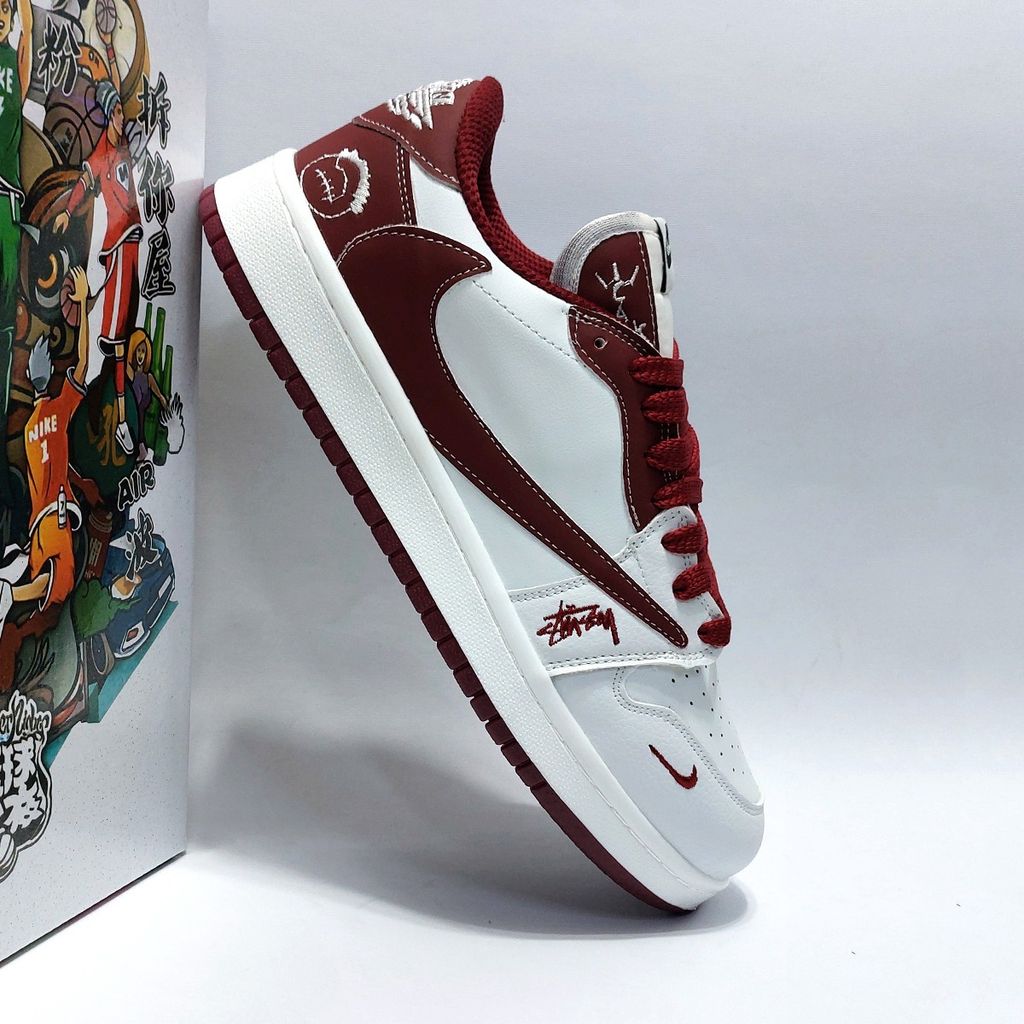 خرید اینترنتی کتانی ترند نایک جردن تراویس استاسی سفید زرشکی Nike Jordan Travis Stussy