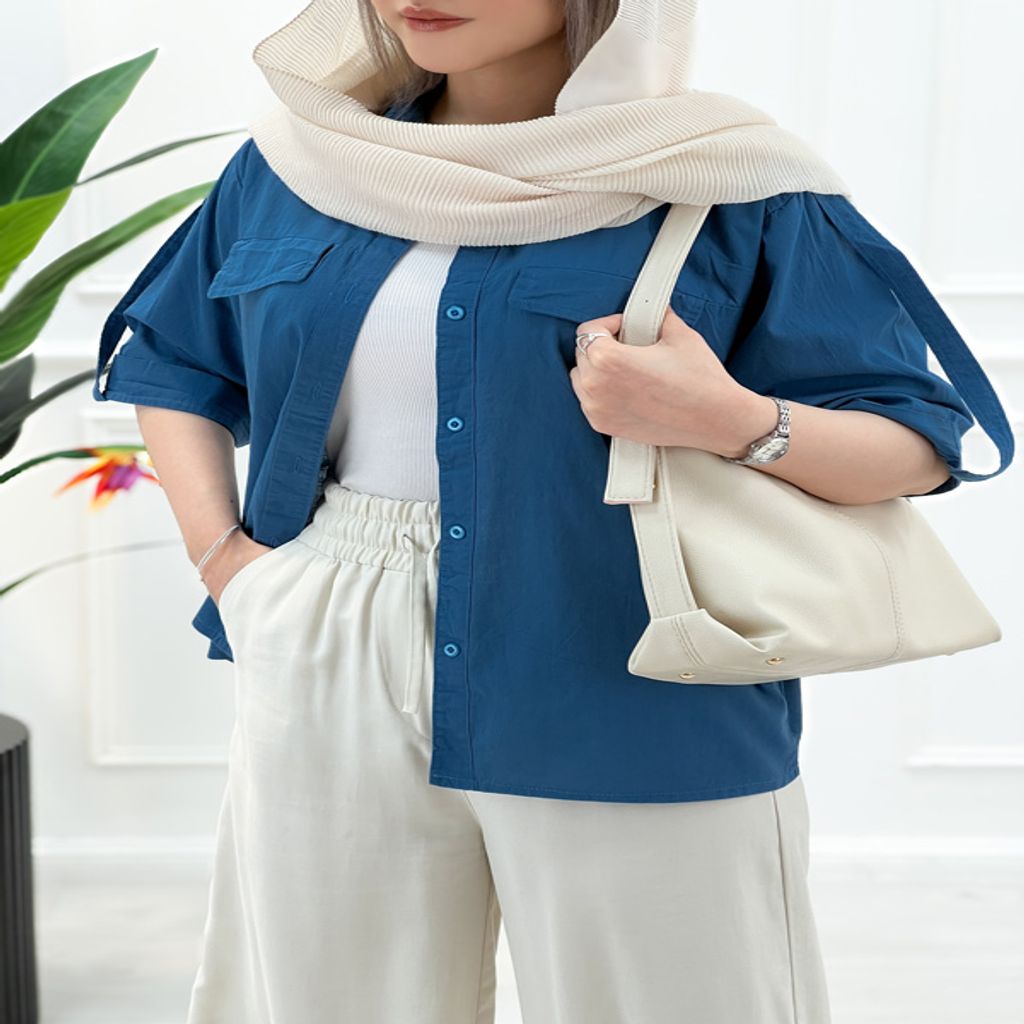 خرید اینترنتی قیمت شومیز جیب نما زنانه - آبی تیره