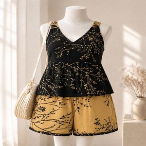 خرید اینترنتی قیمت ست تاپ شلوارک زنانه عسل کتان طرحدار