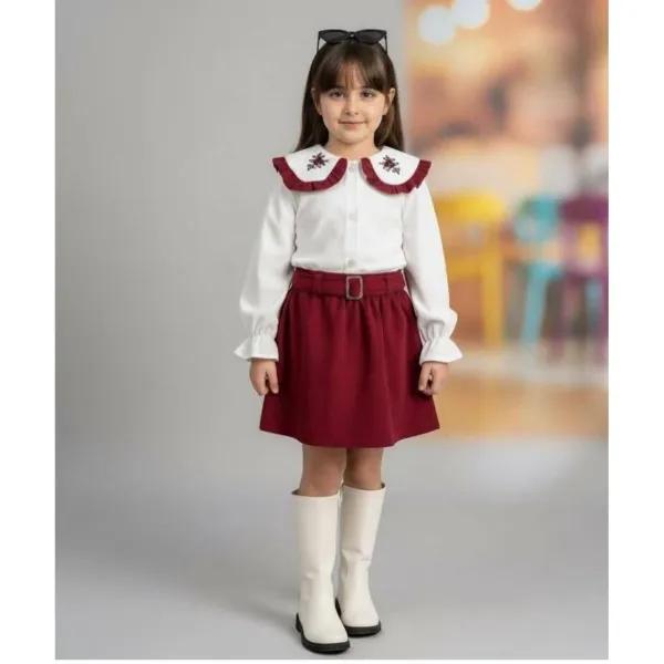 ست شومیز و دامن مخمل کبریتی دخترانه رنگ زرشکی و قهوه ای سایز 4 تا 10 سال