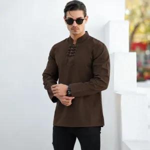 خرید اینترنتی قیمت پیراهن الیاف طبیعی مردانه مدل آرشا رنگ قهوه ای