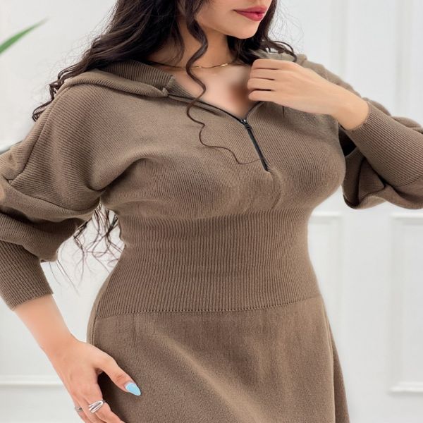 پیراهن کمر باریک بافت نیم زیپ زنانه