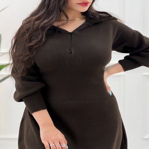 پیراهن کمر باریک بافت نیم زیپ رنگ شکلاتی