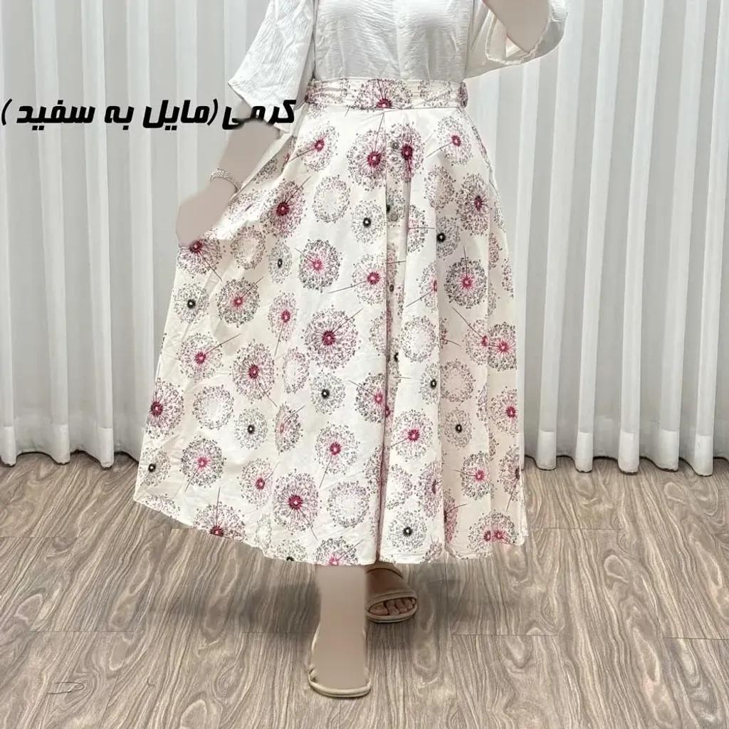 خرید اینترنتی قیمت دامن لینن کلوش تمام دکمه مدل قاصدک فری سایز مناسب تا 44