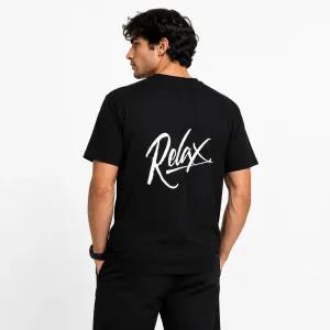 تیشرت یقه گرد مشکی طرح RELAX Signature جین وست نخ پنبه چهار فصل روزمره کژوال استریتویر