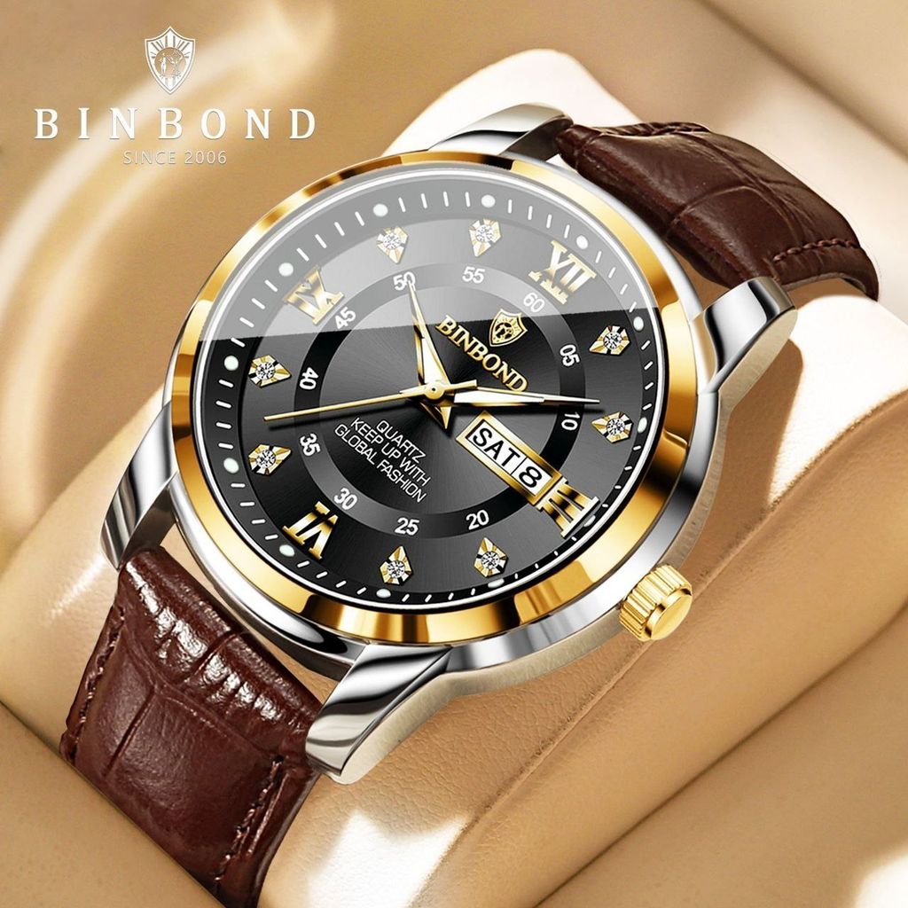خرید اینترنتی ساعت مردانه بین باند binbond بینبند بند چرمی قهوه ای صفحه مشکی