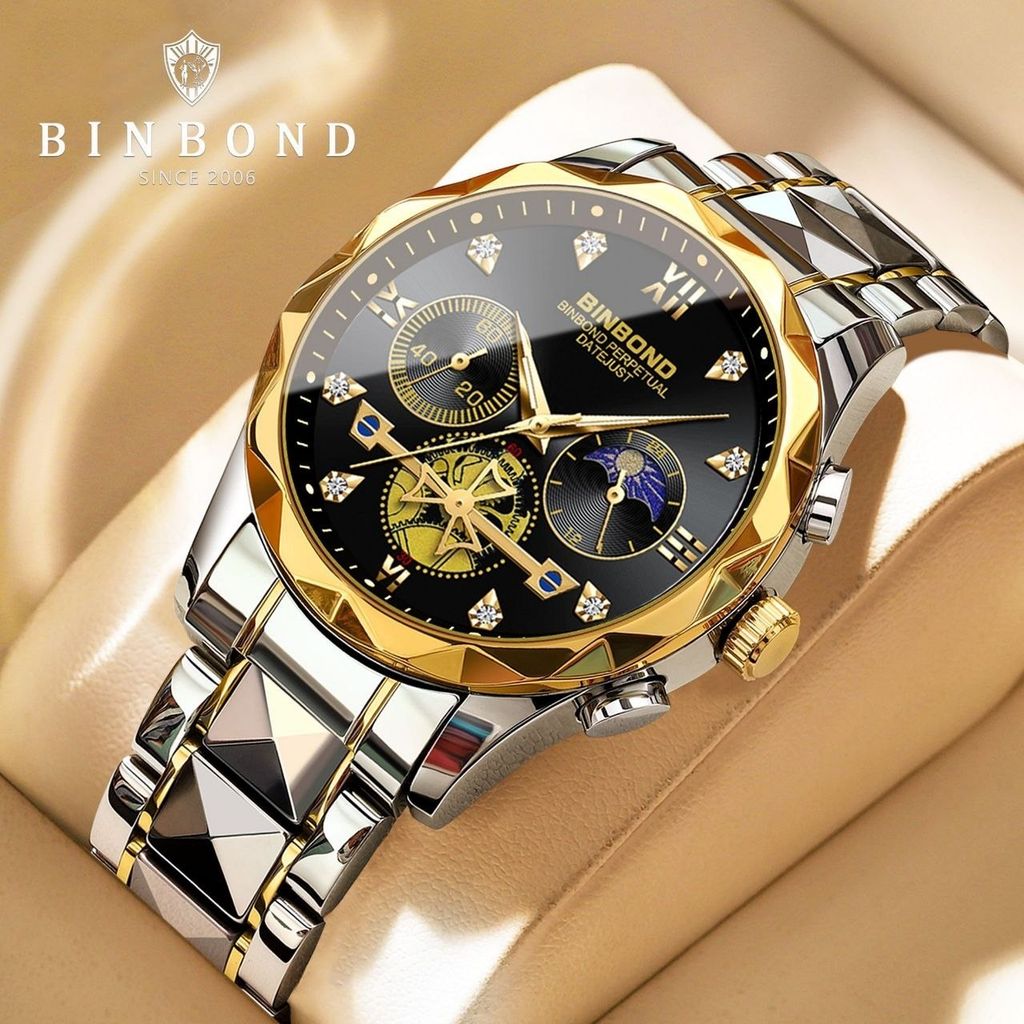 فروش اینترنتی ساعت مردانه بین باند binbond کرنوگراف با مون استار طلایی مشکی