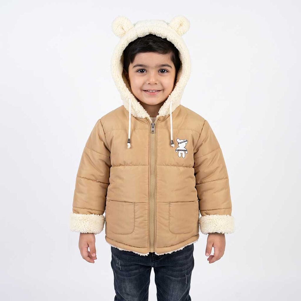 خرید اینترنتی قیمت کاپشن بچه گانه تدی کلاه خز نسکافه ای کد 11902