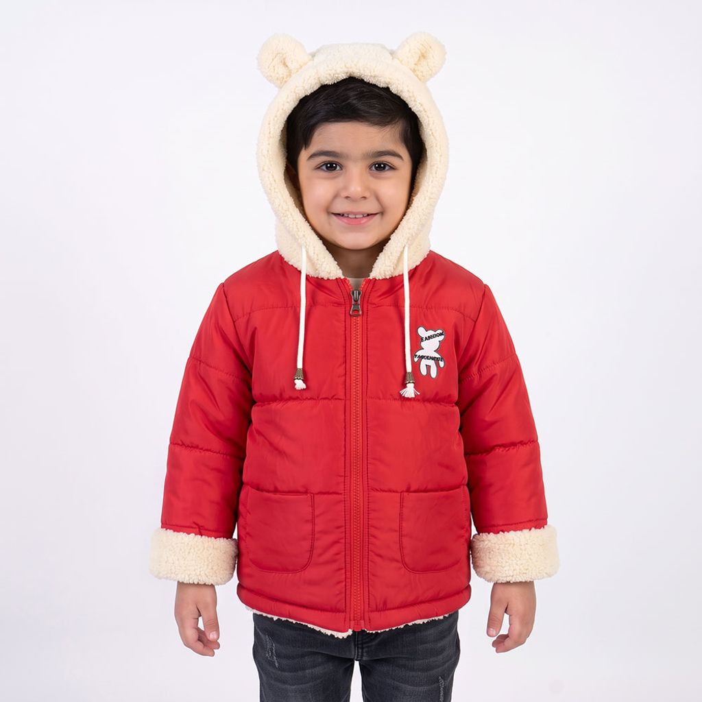 خرید اینترنتی قیمت کاپشن بچه گانه تدی کلاه خز قرمز کد 11902
