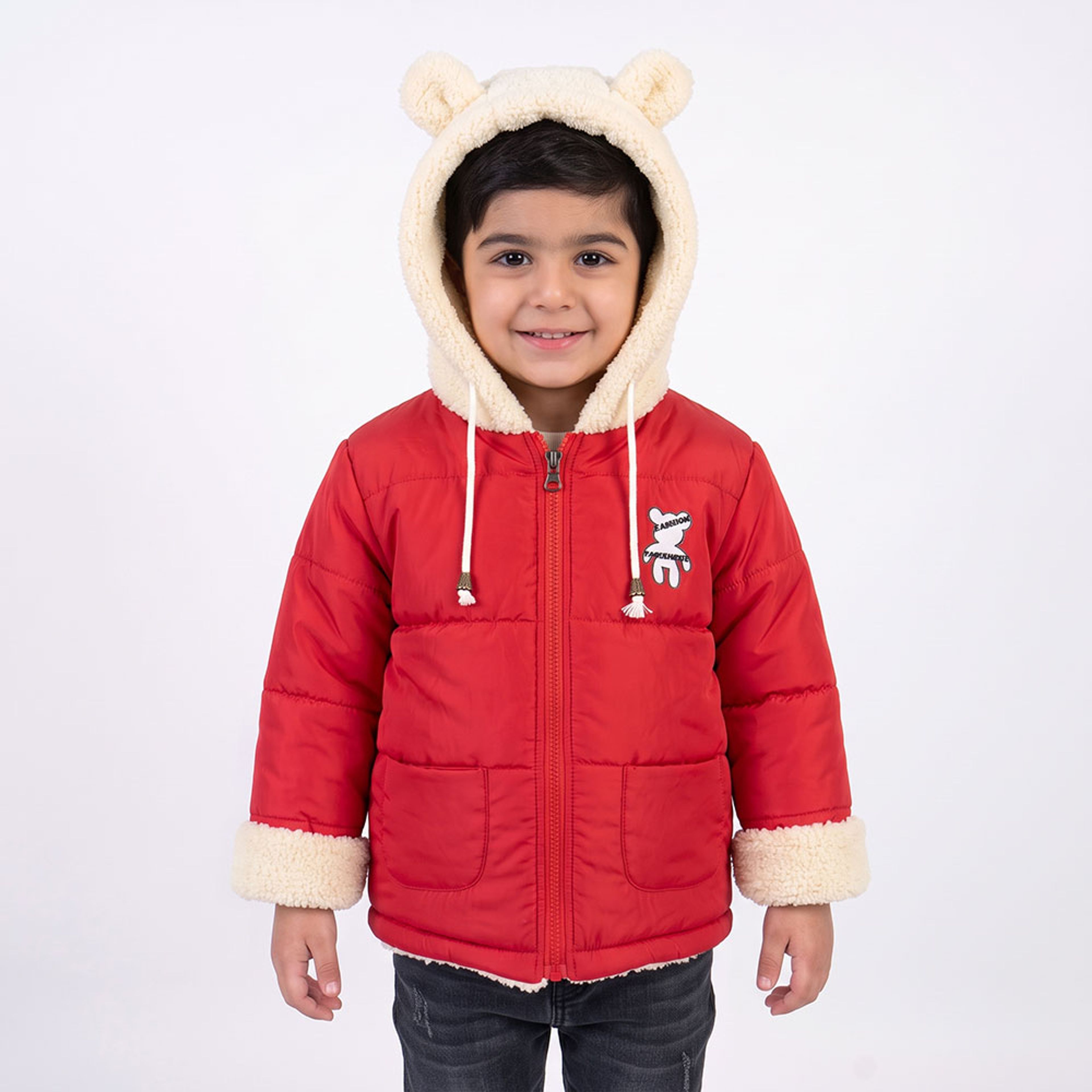 خرید اینترنتی قیمت کاپشن بچه گانه تدی کلاه خز قرمز کد 11902