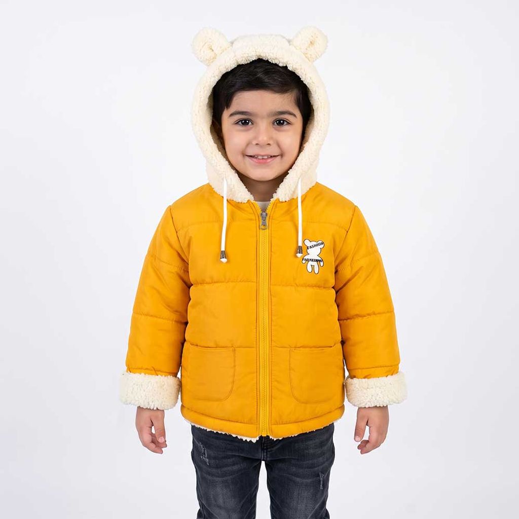 خرید اینترنتی قیمت کاپشن بچه گانه تدی کلاه خز زرد کد 11902