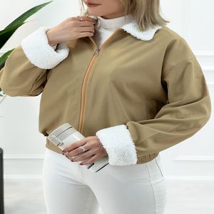 کت خزدار کتان کرم تیره یقه تدی