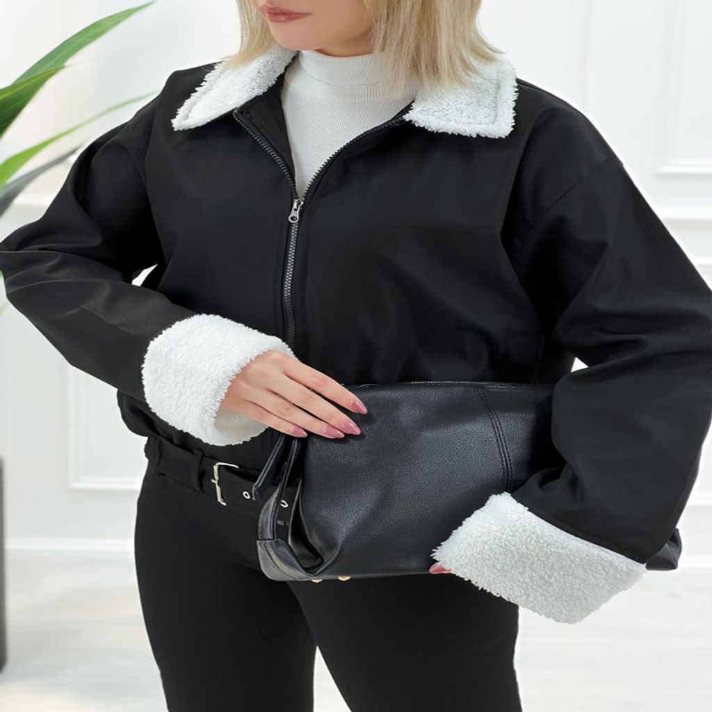 خرید اینترنتی قیمت کت کتان مشکی یقه تدی آستردار زنانه