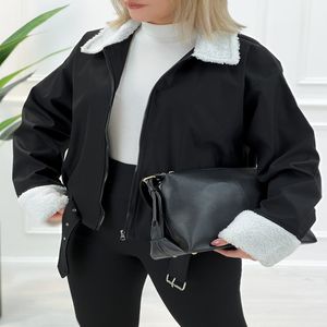 کت کتان مشکی یقه تدی آستردار زنانه