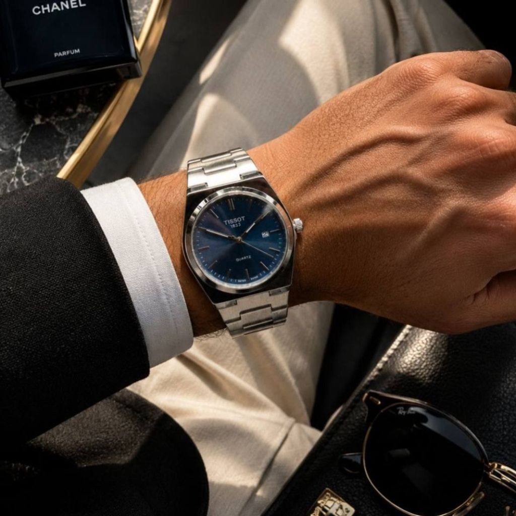 قیمت ارزان ⌚️ساعت تیسوت مردونه  قفل پروانه موتور تقویم داربند و بدنه استیل  درجه یک