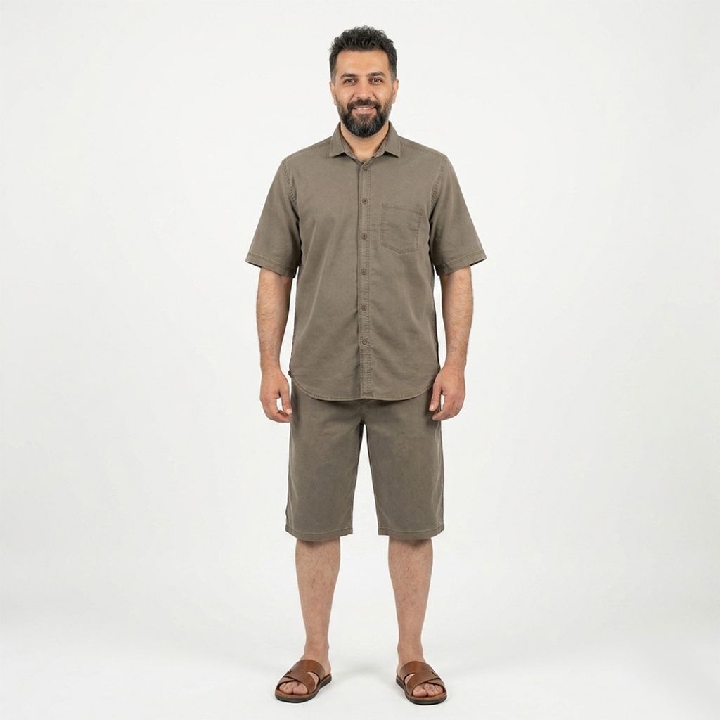 خرید اینترنتی قیمت ست پیراهن و شلوارک مردانه کتان قهوه ای کد 11747