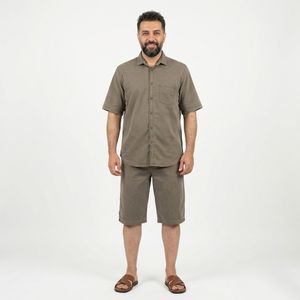 خرید اینترنتی قیمت ست پیراهن و شلوارک مردانه کتان قهوه ای کد 11747