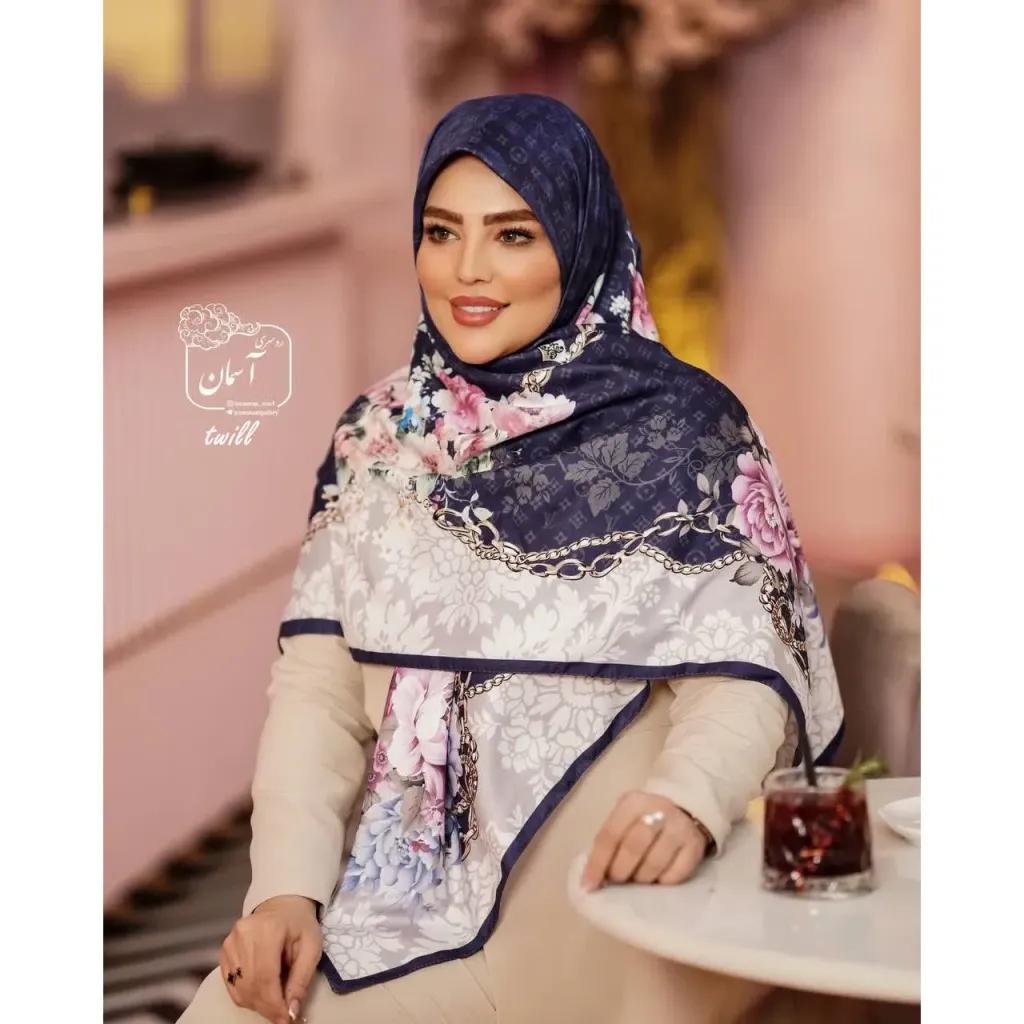 خرید اینترنتی قیمت روسری مجلسی ساتن ابریشم طرح ساناز قواره 140 دور دوخت