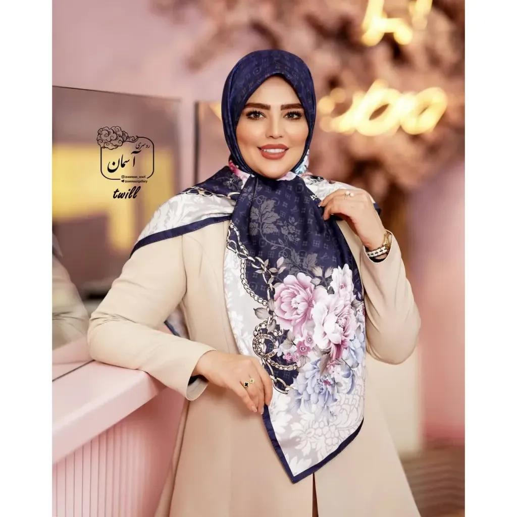 خرید اینترنتی قیمت روسری مجلسی ساتن ابریشم طرح ساناز قواره 140 دور دوخت