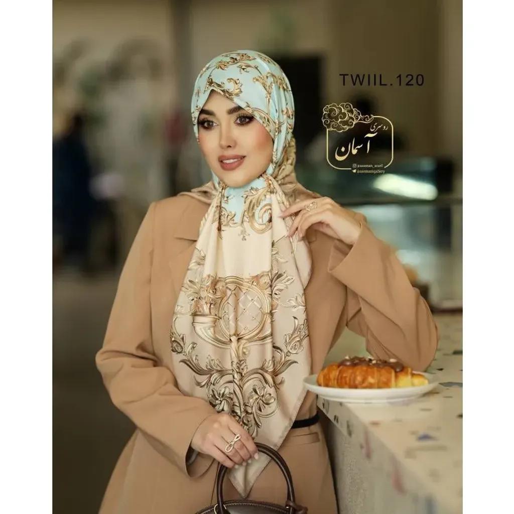 خرید اینترنتی قیمت روسری ساتن ابریشم طرح رزیتا قواره 140 دور دوخت ایستایی عالی