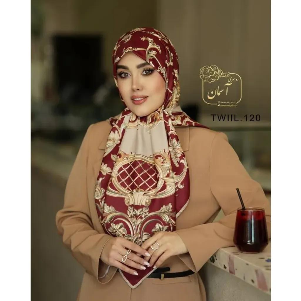 خرید اینترنتی قیمت روسری ساتن ابریشم طرح رزیتا قواره 140 دور دوخت ایستایی عالی