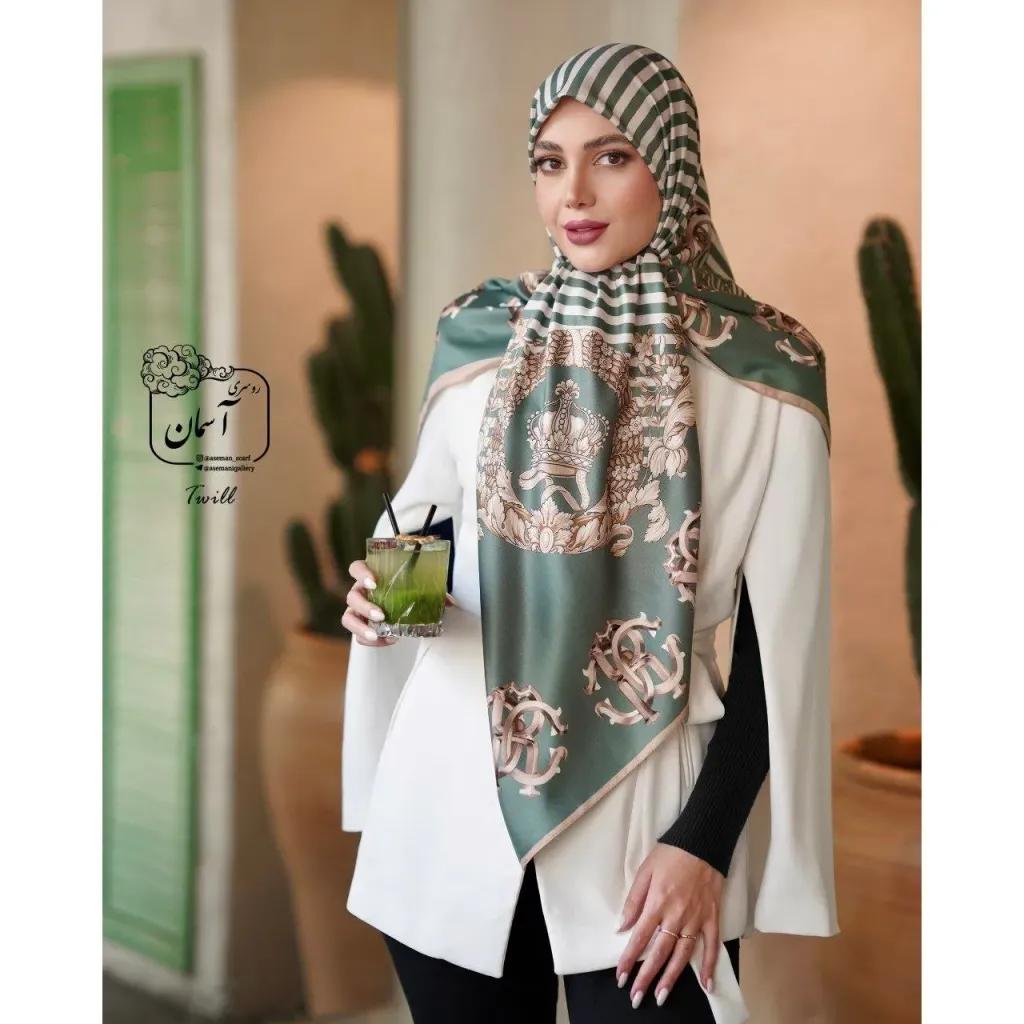 خرید اینترنتی قیمت روسری ساتن ابریشم طرح دیپلمات قواره 140 توییل مجلسی