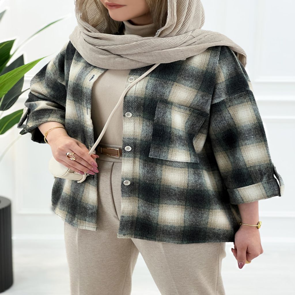 خرید اینترنتی قیمت شومیز مانتویی گرم سبز چهارخونه
