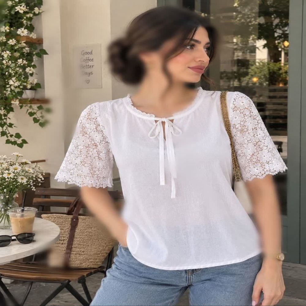 خرید اینترنتی قیمت شومیز مجلسی آستین گیپور زنانه دخترانه سفید برند Shein
