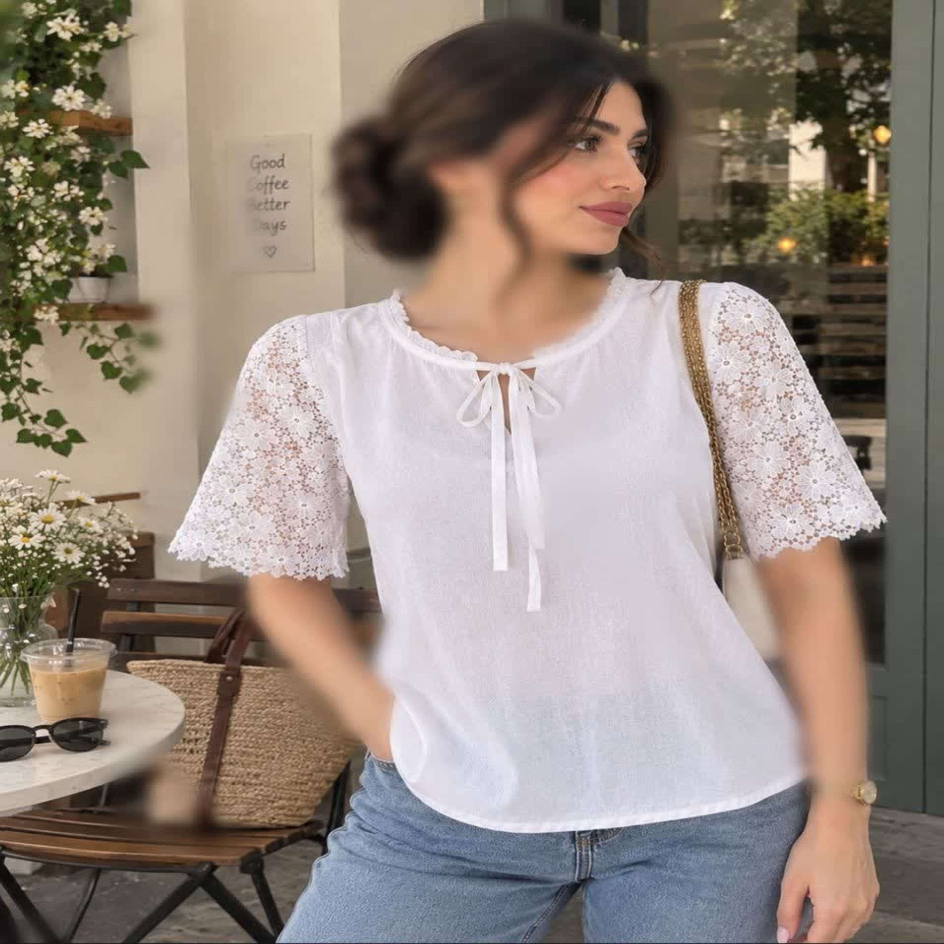 خرید اینترنتی قیمت شومیز مجلسی آستین گیپور زنانه دخترانه سفید برند Shein