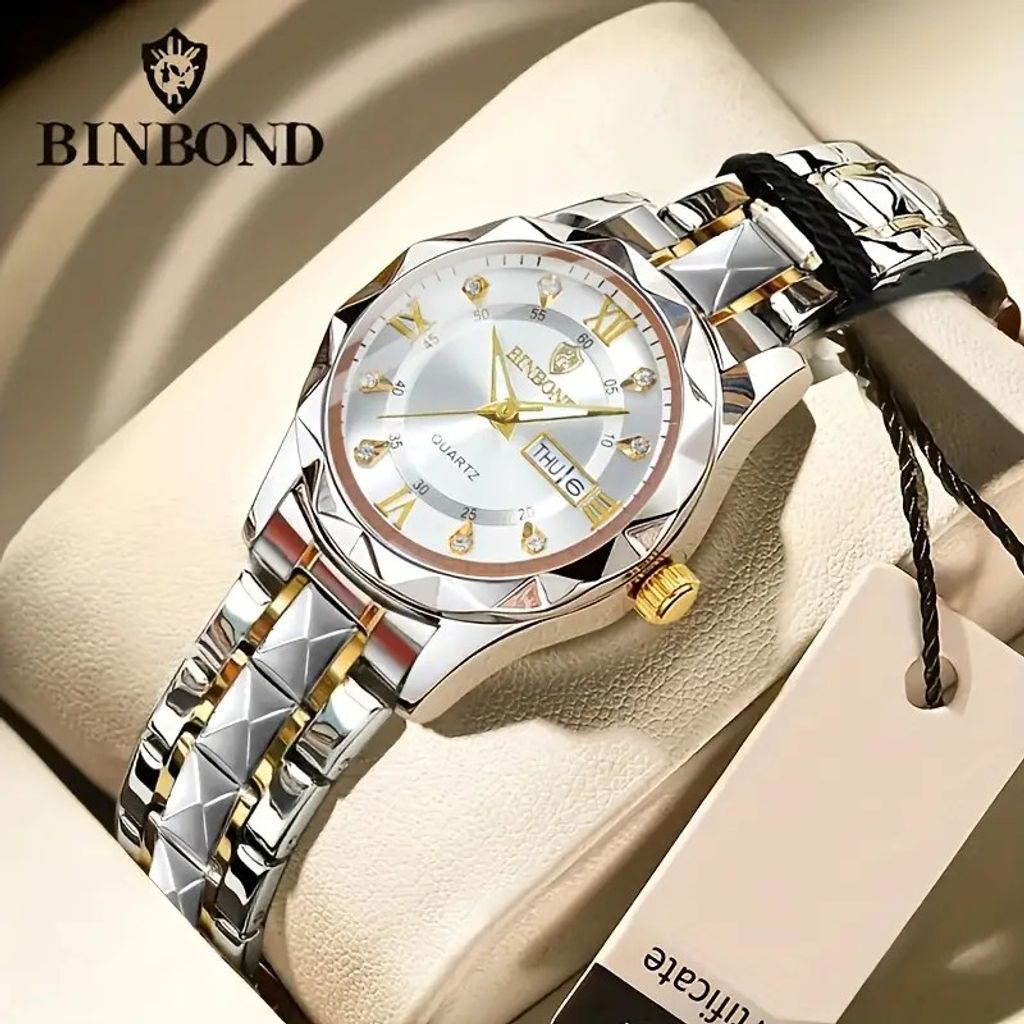 خرید اینترنتی ساعت مچی زنانه بین باند binbond اورجینال بینبند الماسی نقره ای طلایی