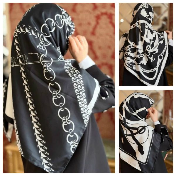 روسری مجلسی ابریشم توییل سفید مشکی