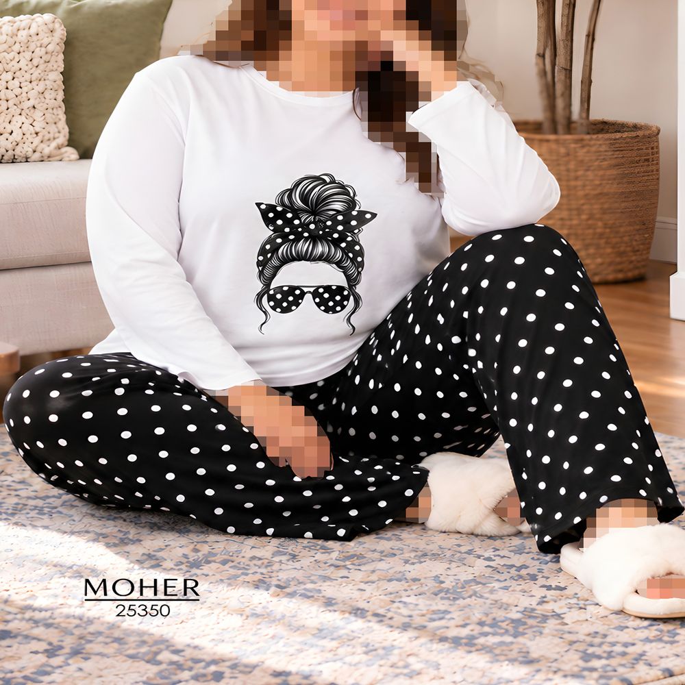 خرید اینترنتی قیمت ست بلوز و شلوار زنانه سایز بزرگ طرح دختر پاپیونی خال‌دار مشکی