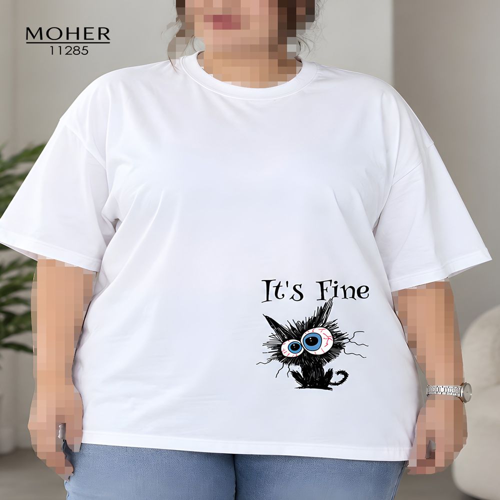 خرید اینترنتی قیمت تیشرت زنانه سایز بزرگ سفید طرح گربه It’s Fine