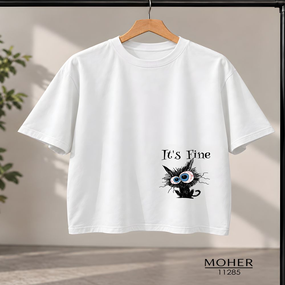 خرید اینترنتی قیمت تیشرت زنانه سایز بزرگ سفید طرح گربه It’s Fine